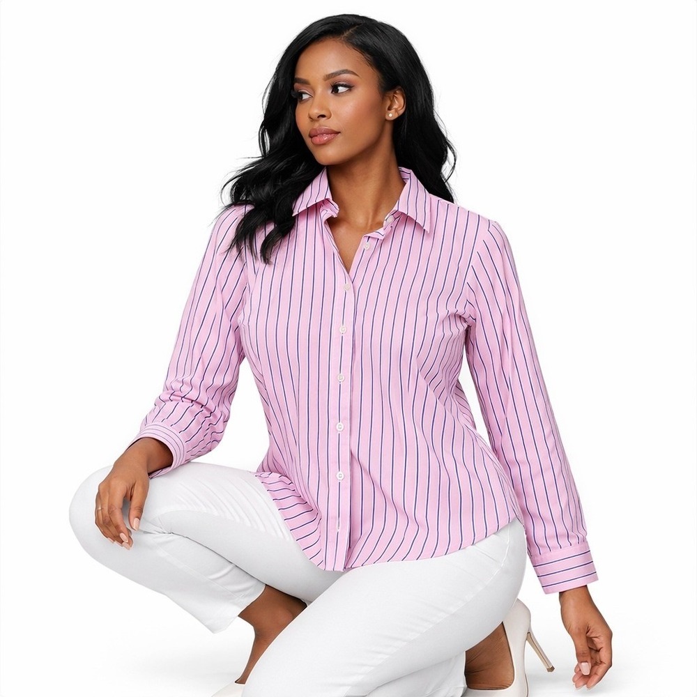 Lands' End Women's M Pink Striped No Iron Button-Up Shirt Officecore Old Money